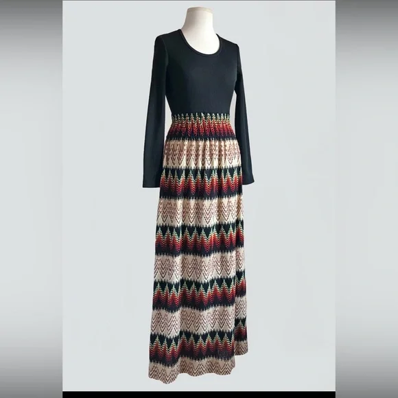 Vintage 70s Black & Woven Bohemian Maxi Dress - Picture 2 of 14